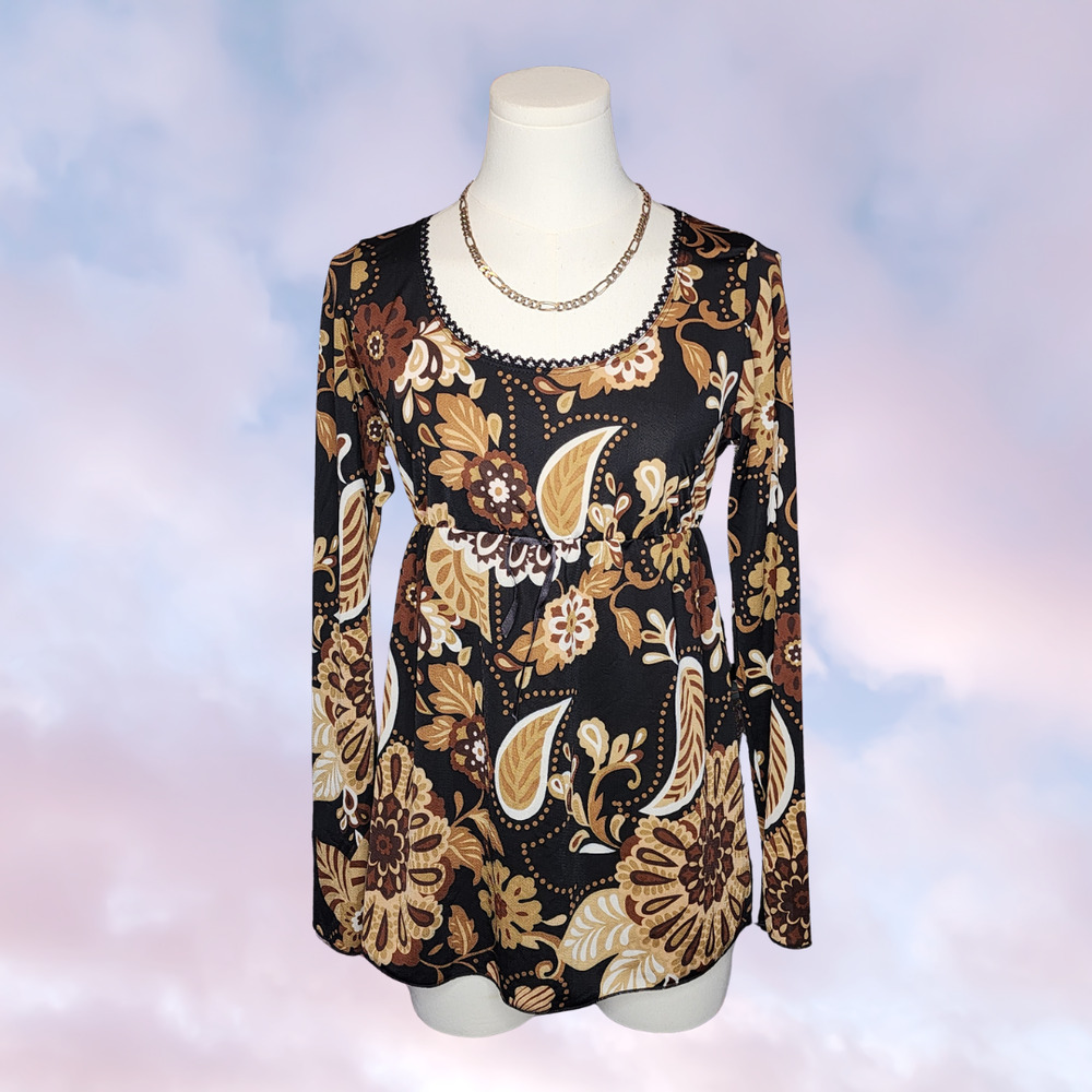 Y2k 2000s Floral Lace Trim Preppy Scoop Neck Black Brown Paisley Long Sleeve L
